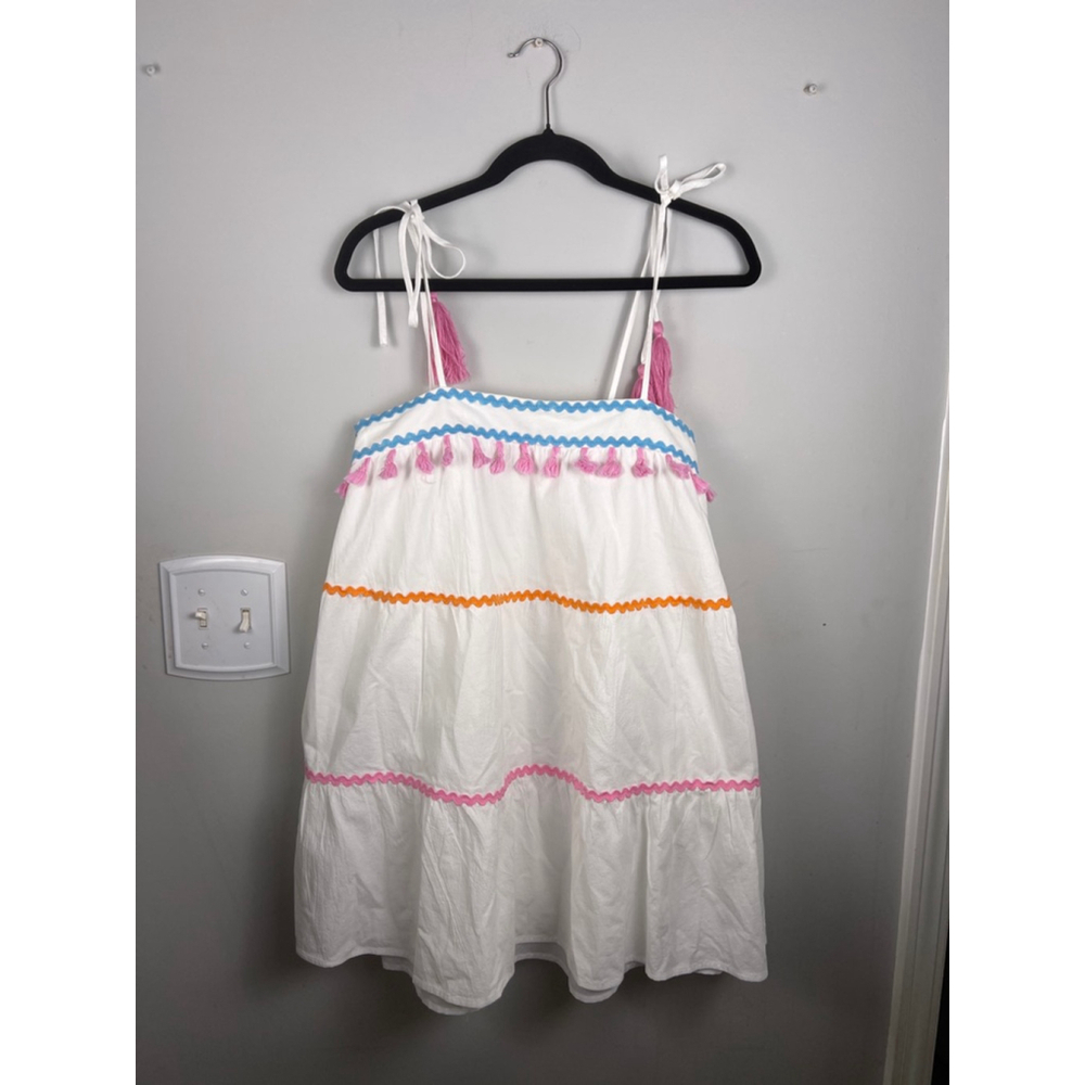 Self Esteem Boho Tassel Mini Dress Small White Ric Rac Trim Smocked Back Resort